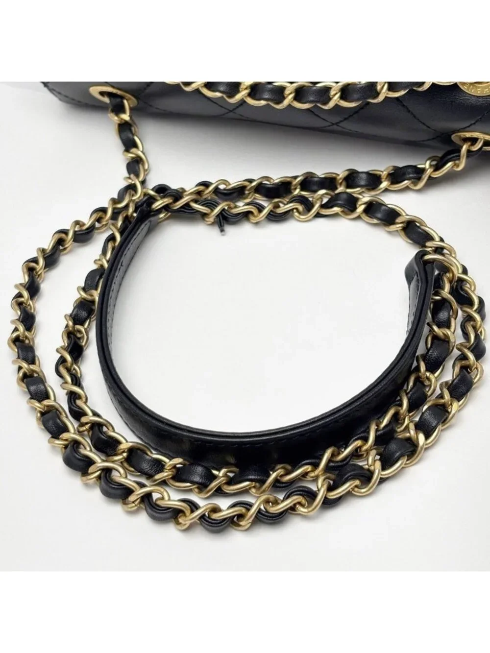 Chanel Shoulder Bag Quilted Logo Chain Black Gold Lambskin